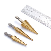 Titanium-Coated HSS Steel Step Drill Bit Set 4 Sizes for Wood Metal