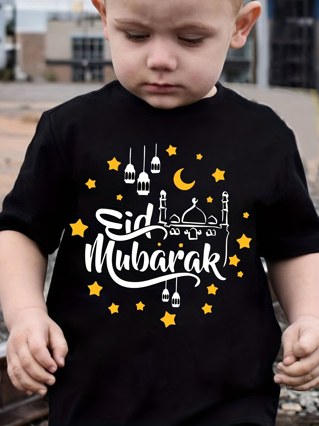 Boys Black Eid Mubarak T-Shirt Short Sleeve Mosque Stars Print Summer Casual Top
