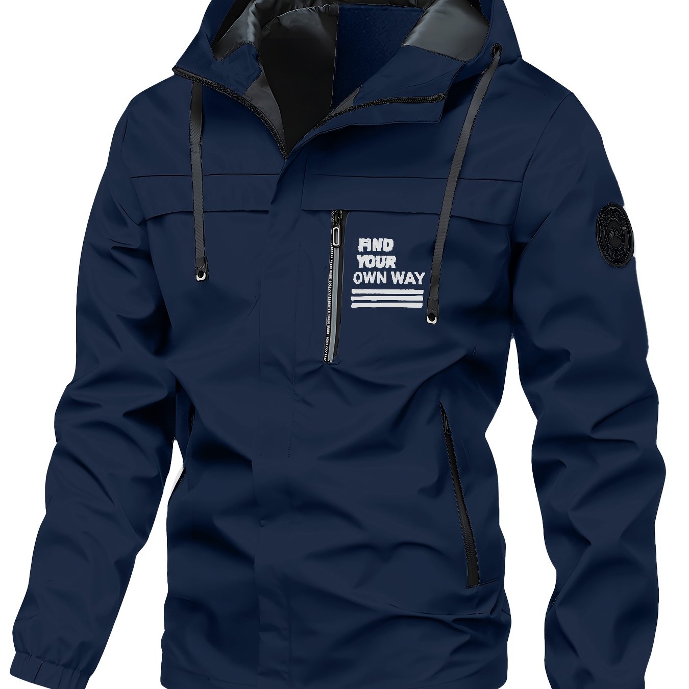 Men's Lightweight Polyester Hooded Jacket with Zipper Pockets and Drawstring, Casual Spring Fall Windbreaker