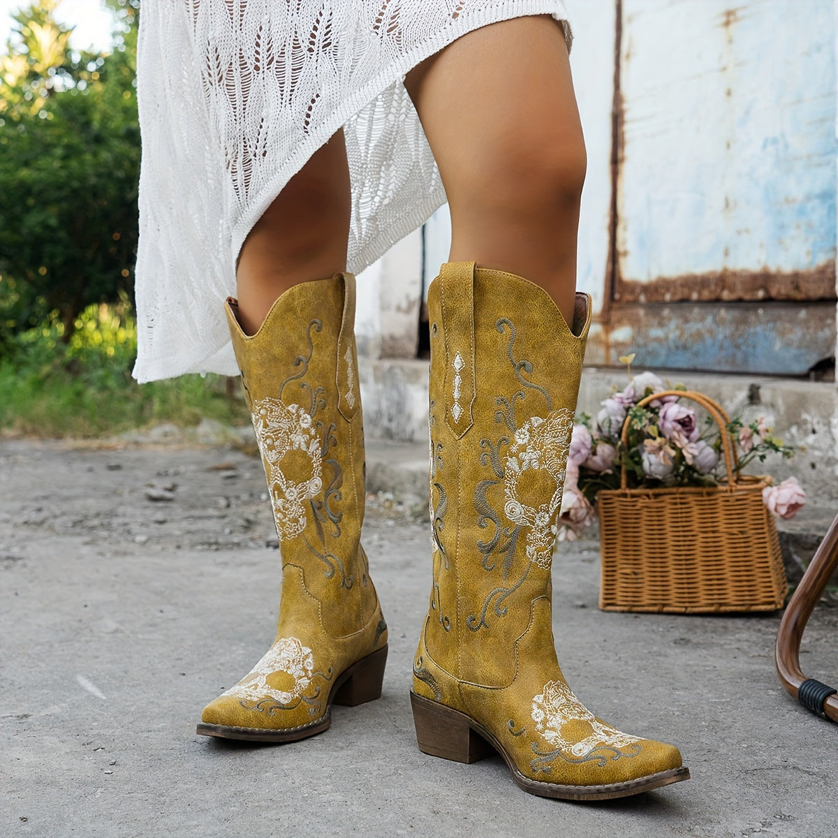 Women's Western Cowboy Boots with Floral Embroidery Black Faux Cover Square Toe