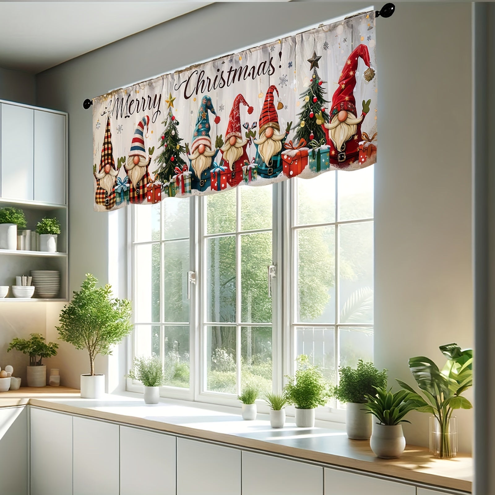 Cortina decorativa de árbol de Navidad colorido con diseño de gnomo, semi-oscura, para cocina, dormitorio y sala de estar