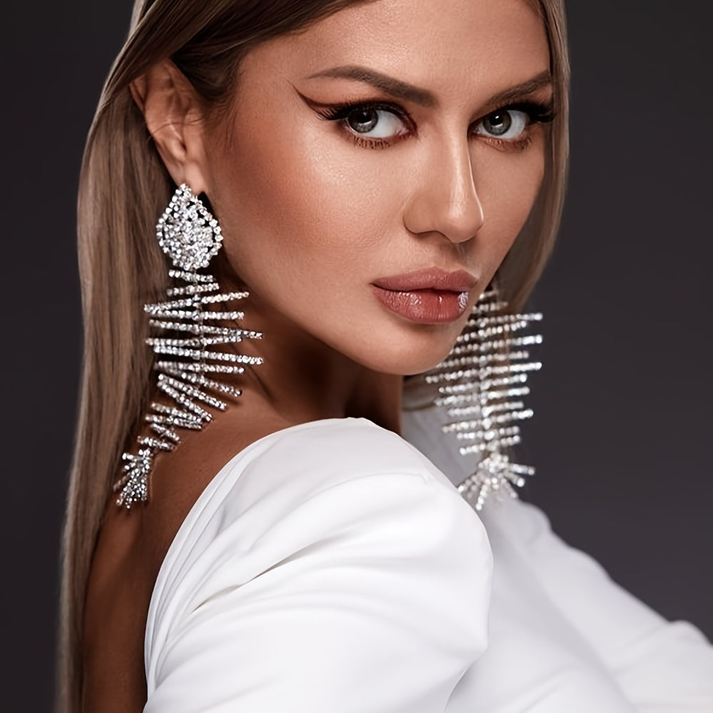 Women Rhinestone Fishbone Drop Earrings Long Dangle Alloy Jewelry for Parties Festivals