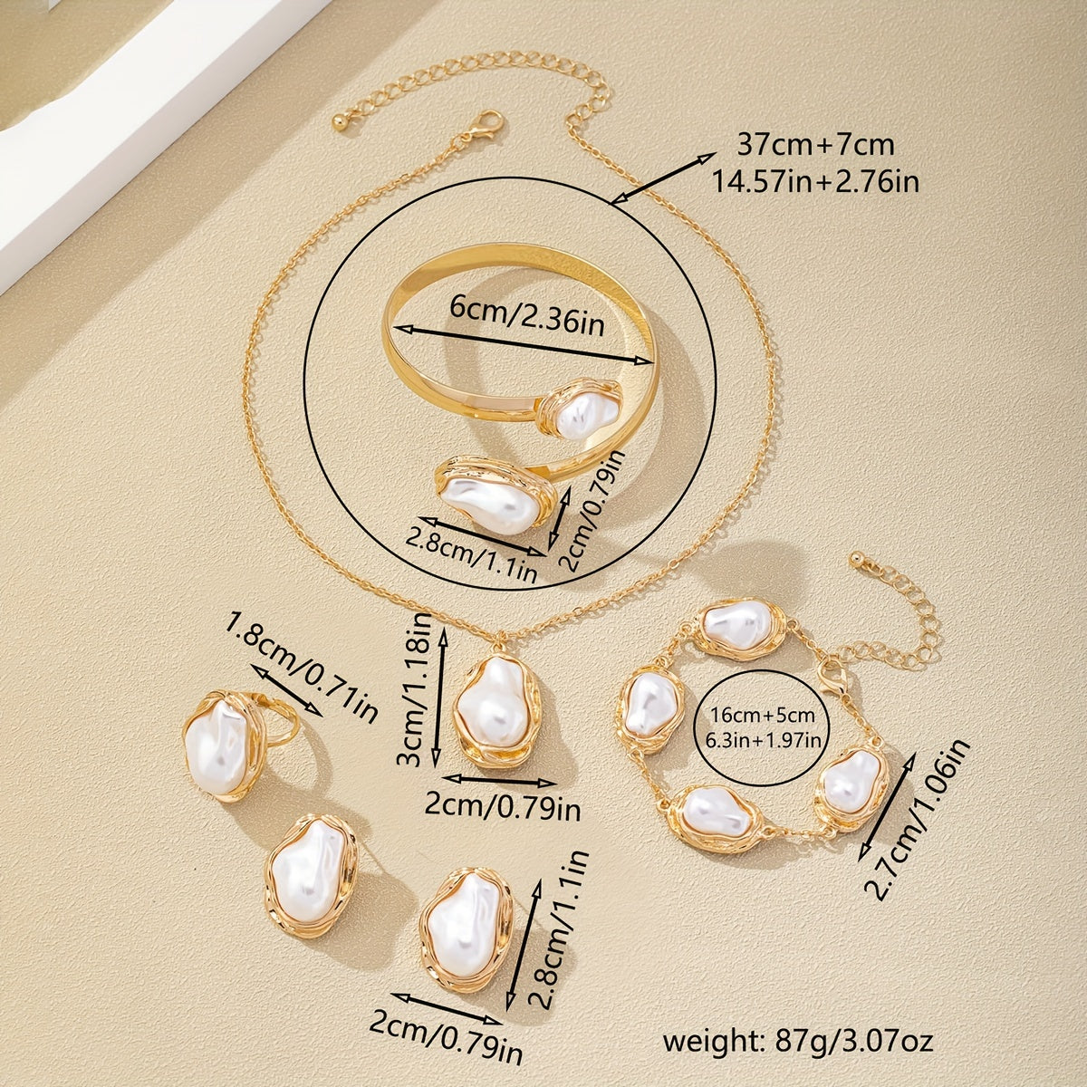 Women’s 14K Gold Plated Jewelry Set with Faux Pearls Necklace Earrings Ring Bangle