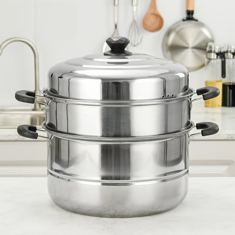 Stainless Steel 3-Tier Steamer Set for Vegetables Fish Bread Compatible with Induction Gas Stoves