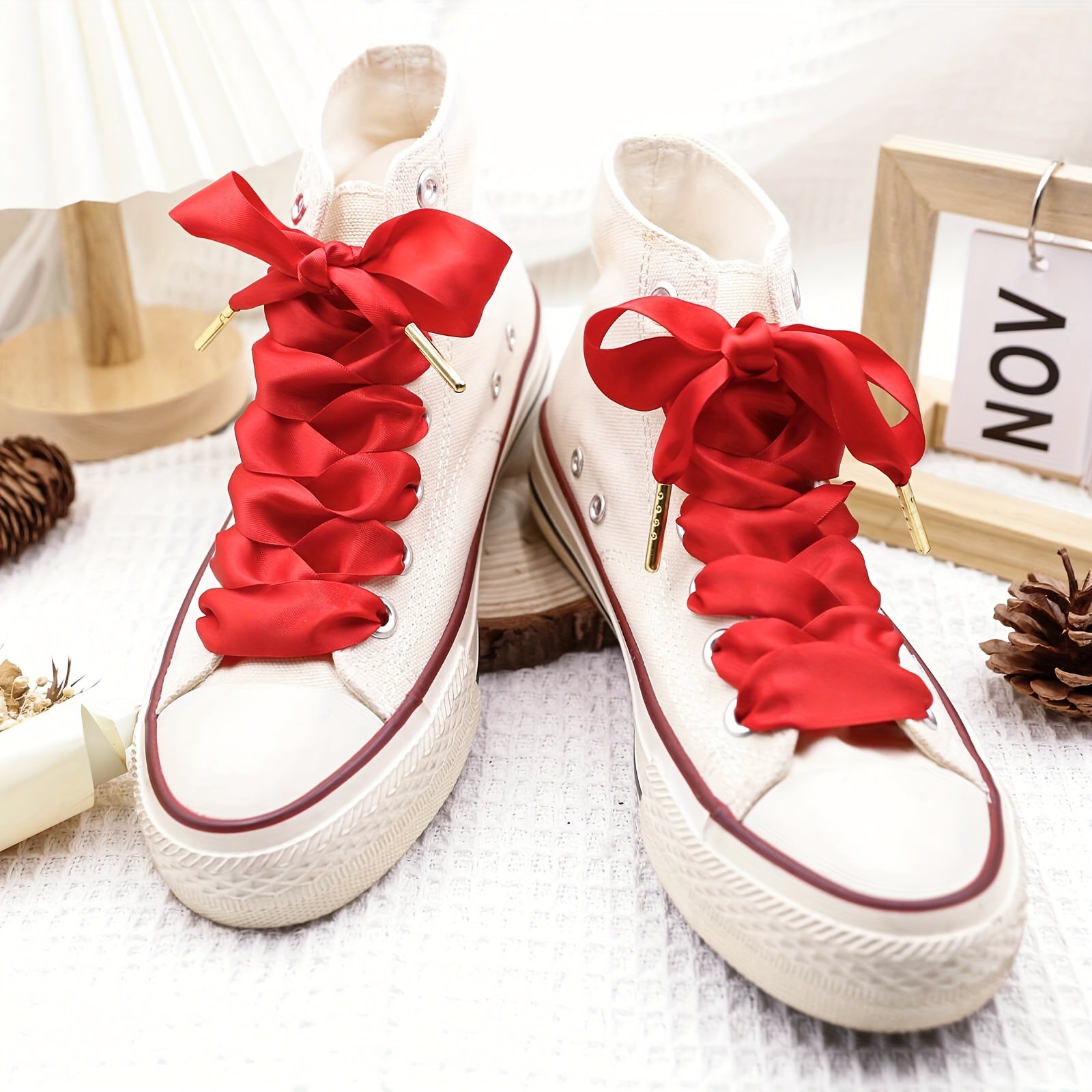 Women Girls Satin Ribbon Shoelaces Flat Wide Polyester 2 Pairs Black or Printed