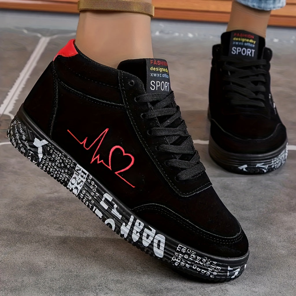 Ayollar uchun qizil yuqori to'plamli skeyt krossovkalari, yurak urishi dizayni, kauchuk taglik, mato astar, barcha mavsumlar uchun ochiq havoda tasodifiy kiyim uchun mukammal.