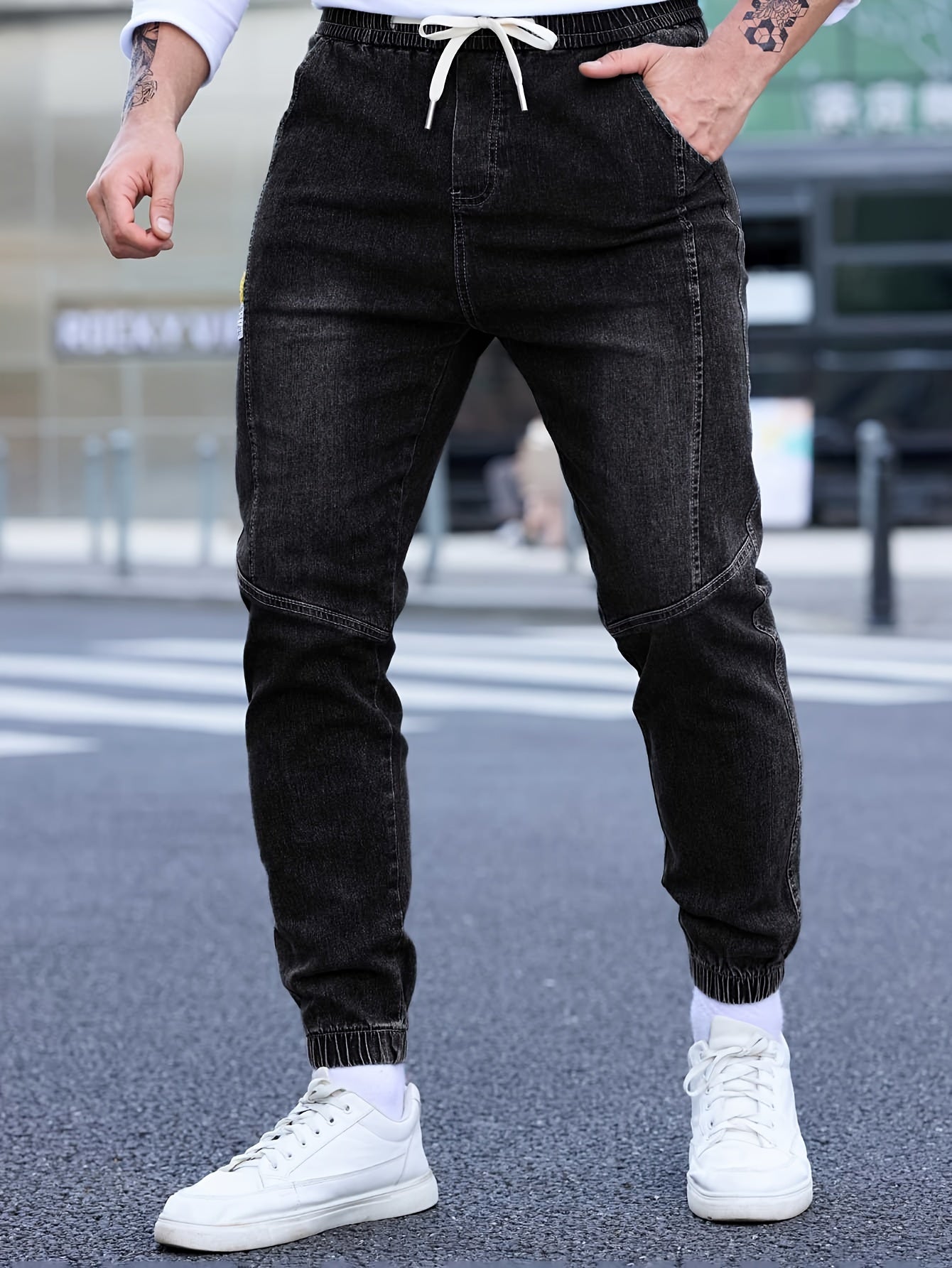 Men's Denim Cropped Pants with Pockets Drawstring Waist Fall Winter Casual