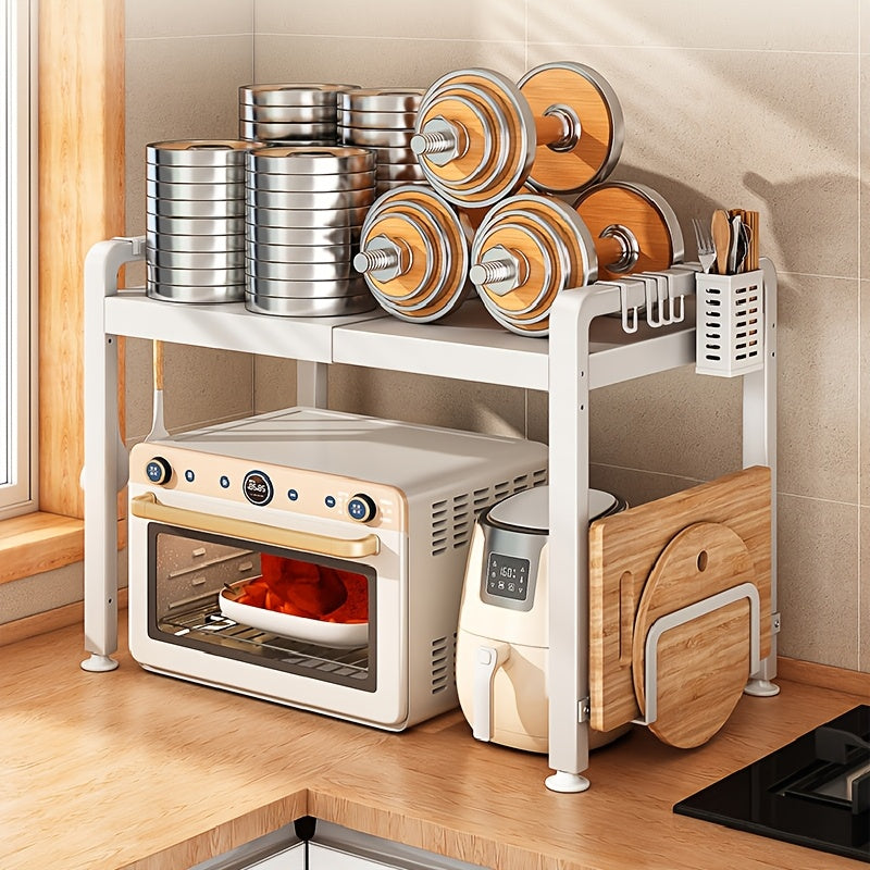 Retractable Microwave Oven Rack Carbon Steel Metal Kitchen Countertop Storage Gray White