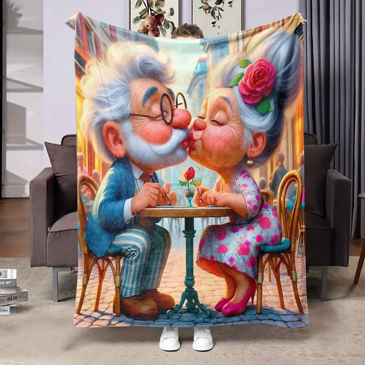 Cozy Flannel Fleece Throw Blanket with Grandpa and Grandma Print for Living Room Sofa