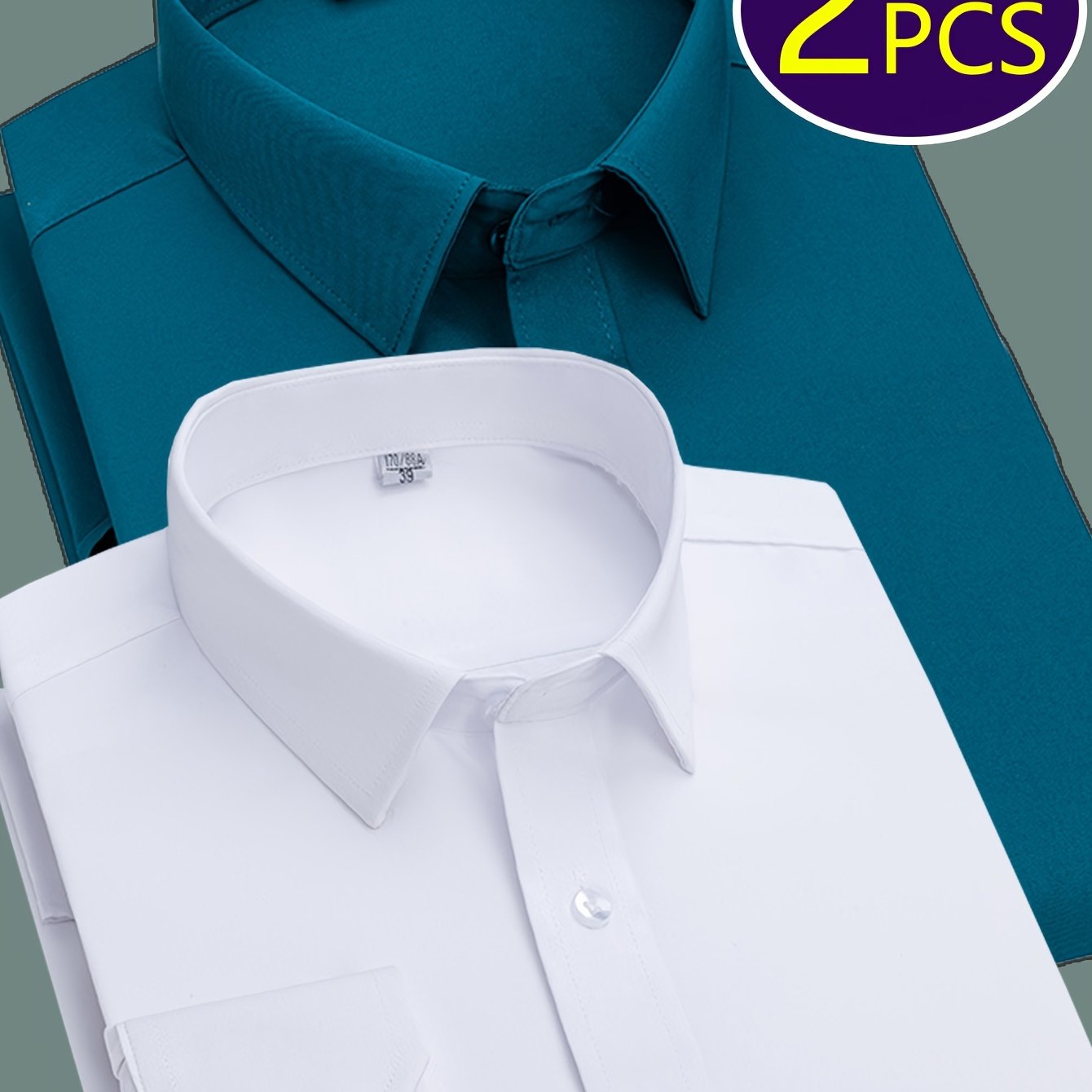 Men's Work Style Polyester Dress Shirts Set of Two Solid Color Regular Fit Long Sleeve Lapel Collar