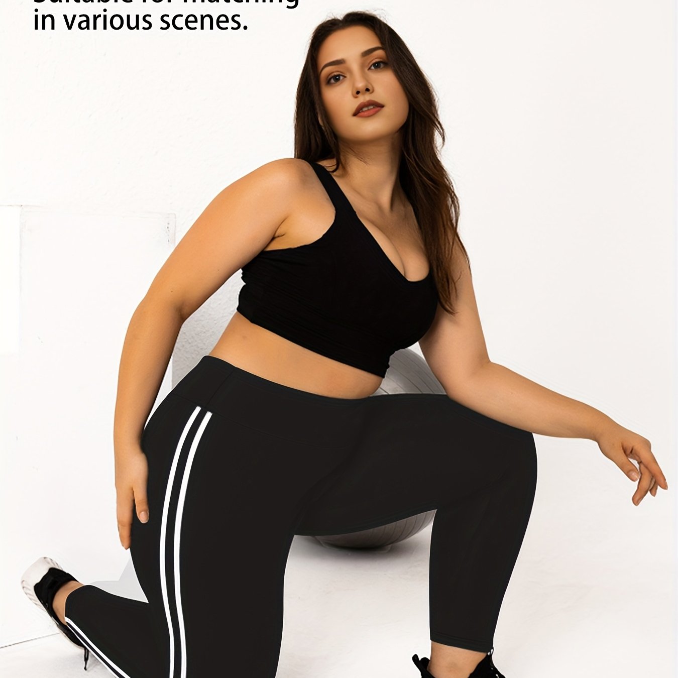 Women's Plus Size High-Waisted Cropped Leggings with Side Stripes Black Blue