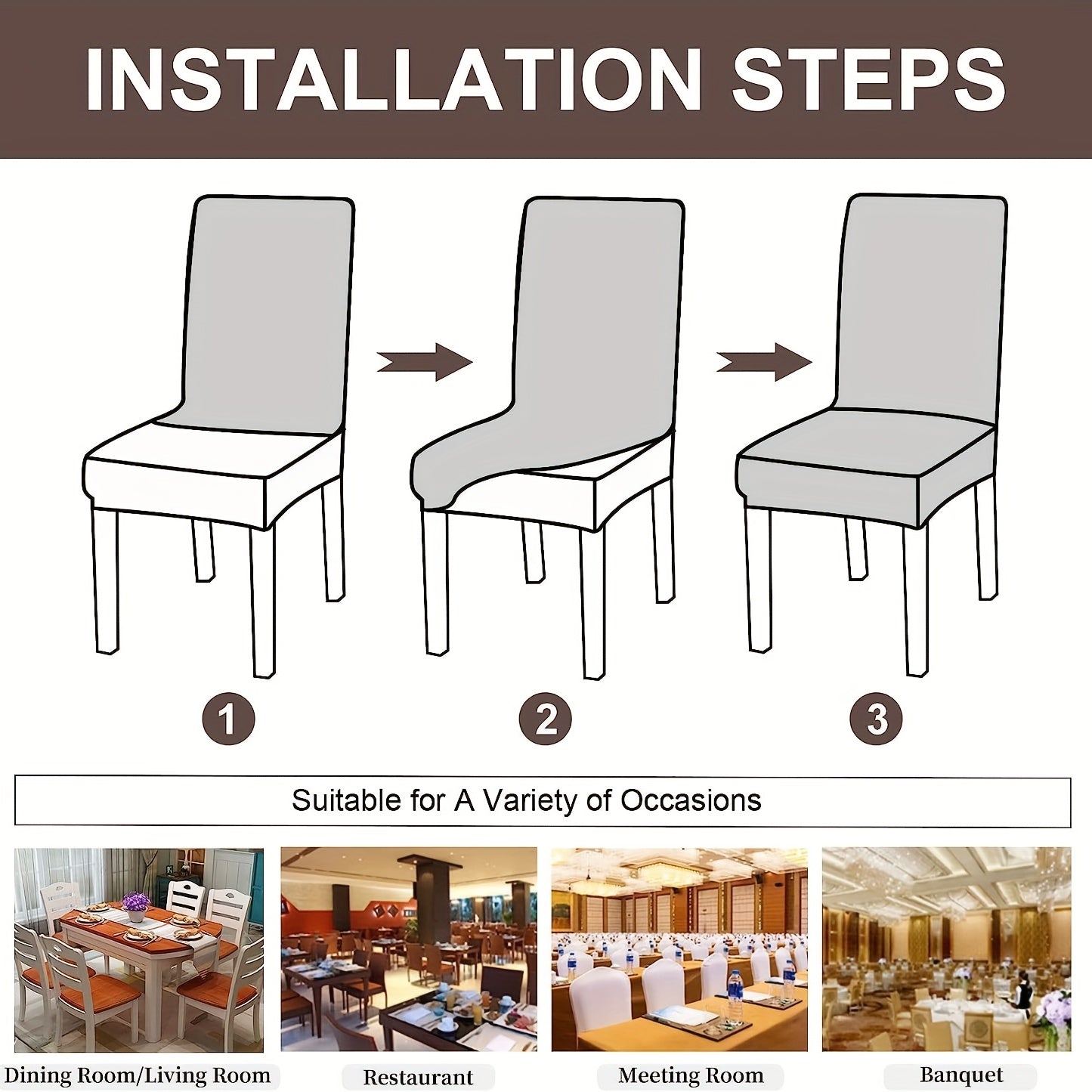 4 yoki 6 dona suv o'tkazmaydigan stul qoplamalari, ovqatlanish stullari uchun cho'ziladigan jacquard dizayni. Uyda yoki tijoratda foydalanish uchun olib tashlanadigan, yuviladigan himoya.