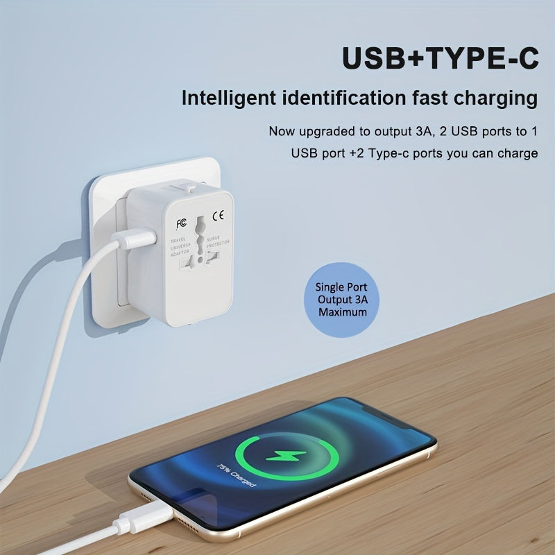 Yevropa sayohati uchun 1 USB va 2 Type-C portli universal sayohat adapteri, UK dan AQShga ulagich konvertori bilan birga.