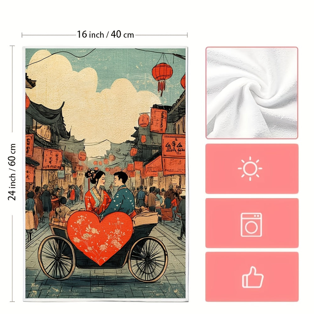 Luxuriously Soft Kitchen Towels with Traditional Chinese Couple Illustration, Highly Absorbent