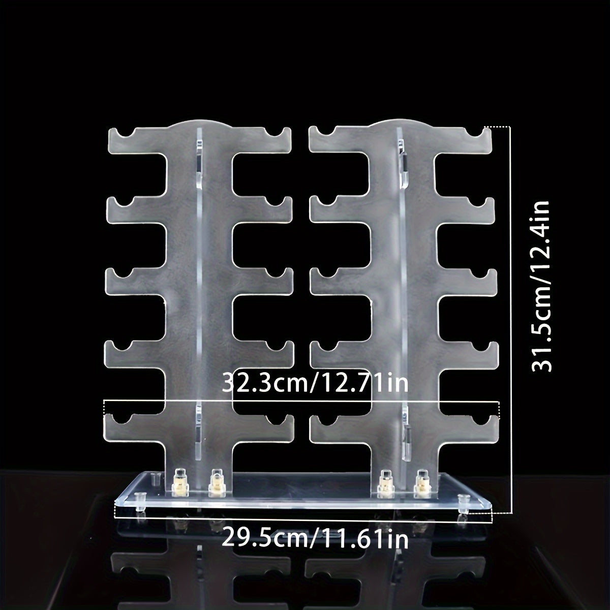 Portativ va ajratiladigan 10 juft ikki qatorli ko'zoynaklarni namoyish qilish uchun shaffof plastik ko'zoynak tashkilotchisi. Ko'zoynaklar uchun mustaqil hisoblagich ko'rgazmasi bilan birga keladi, shu jumladan, pufak sumkasi. Quvvat talab qilinmaydi.