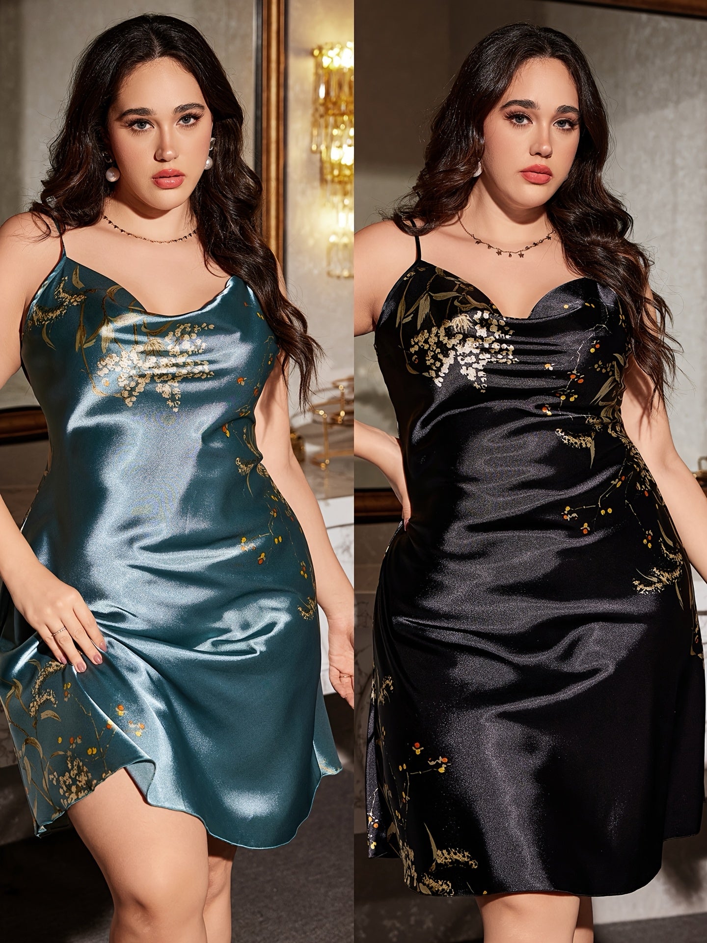 Plus Size Women's Cowl Neck Cherry Print Satin Camisole Sleepwear 2-Pack