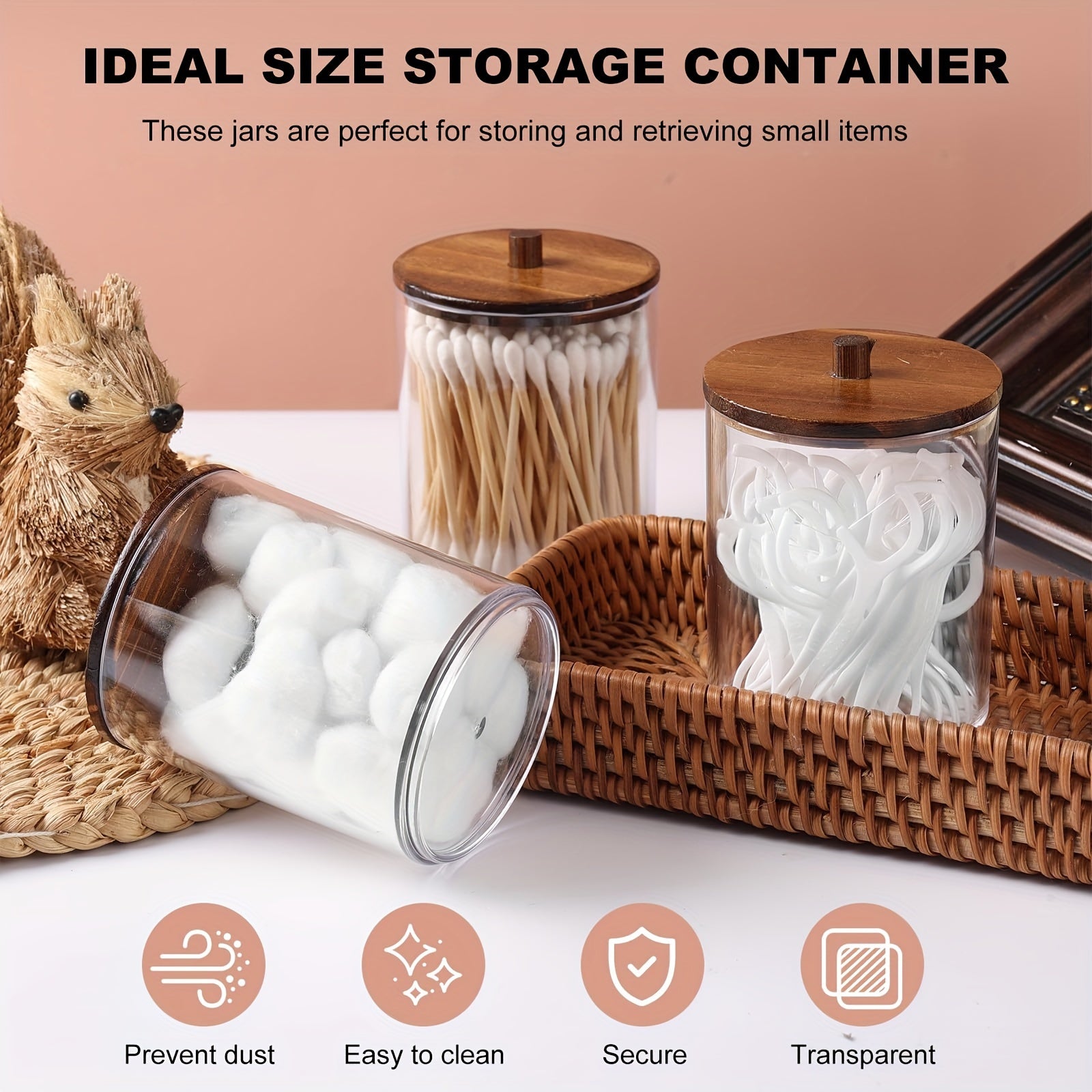 Juego de 4 frascos de plástico transparente para boticario con tapas de madera para almacenamiento en el baño