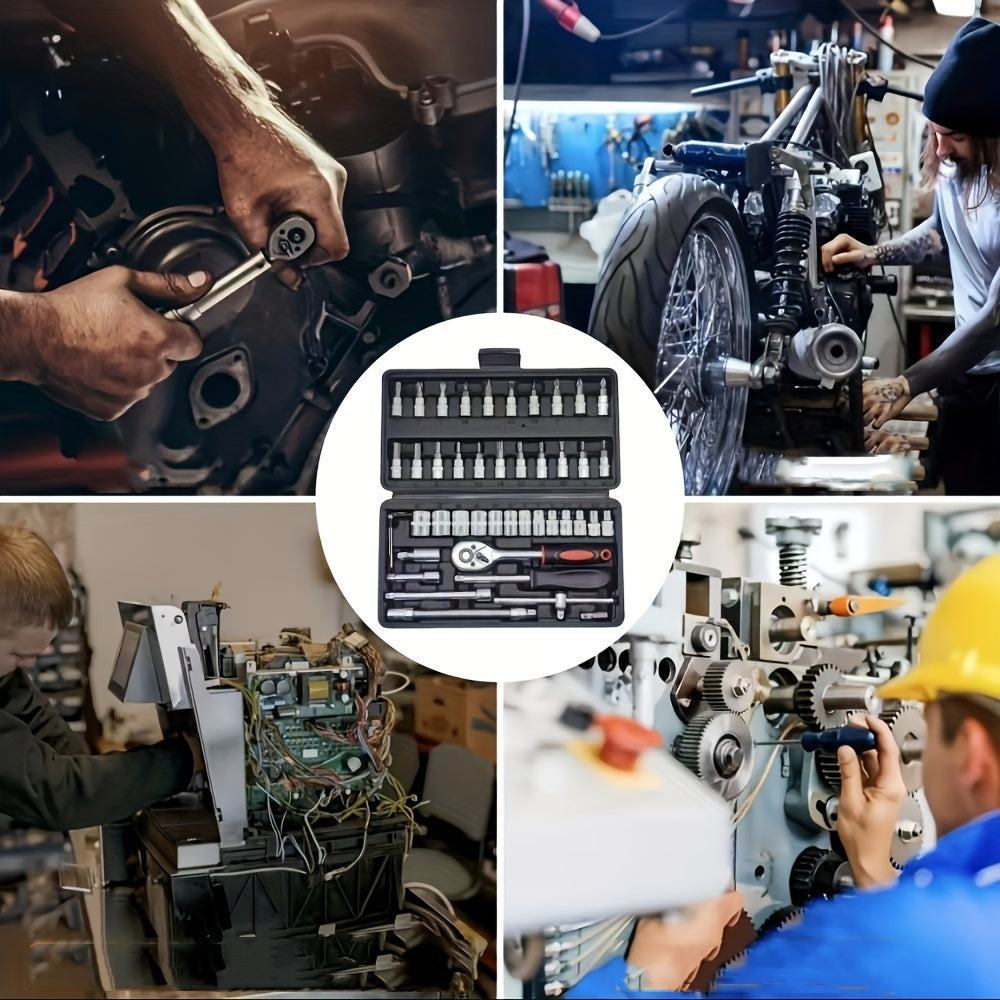 Juego de llaves de vaso de acero cromo vanadio de 46 piezas con carraca, juntas universales, extensiones y adaptador para taladro para reparación automotriz y del hogar