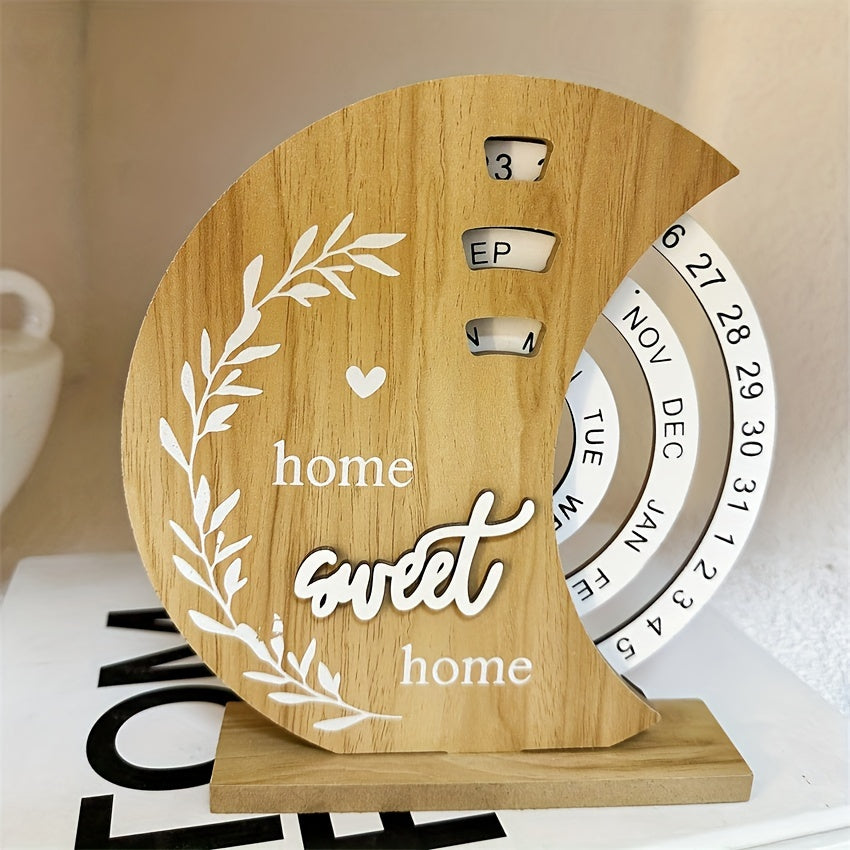 Handcrafted Wooden Perpetual Desk Calendar with Moon Ferris Wheel Design Weekly Monthly View