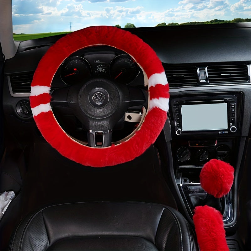 3pcs Winter Fur Plush Steering Wheel Covers Handbrake Gear Shift Fluffy Car SUV