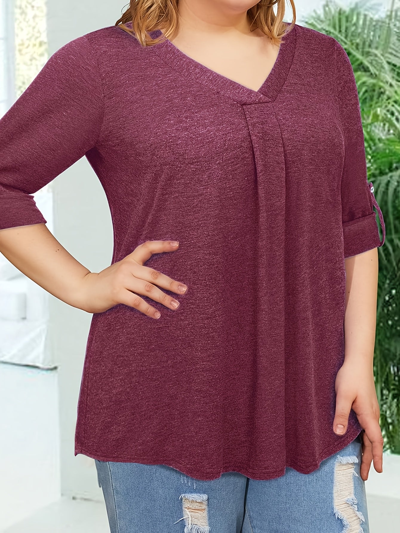 Plus Size Women's V-Neck Blouse 3/4 Sleeve Solid Color Casual Top