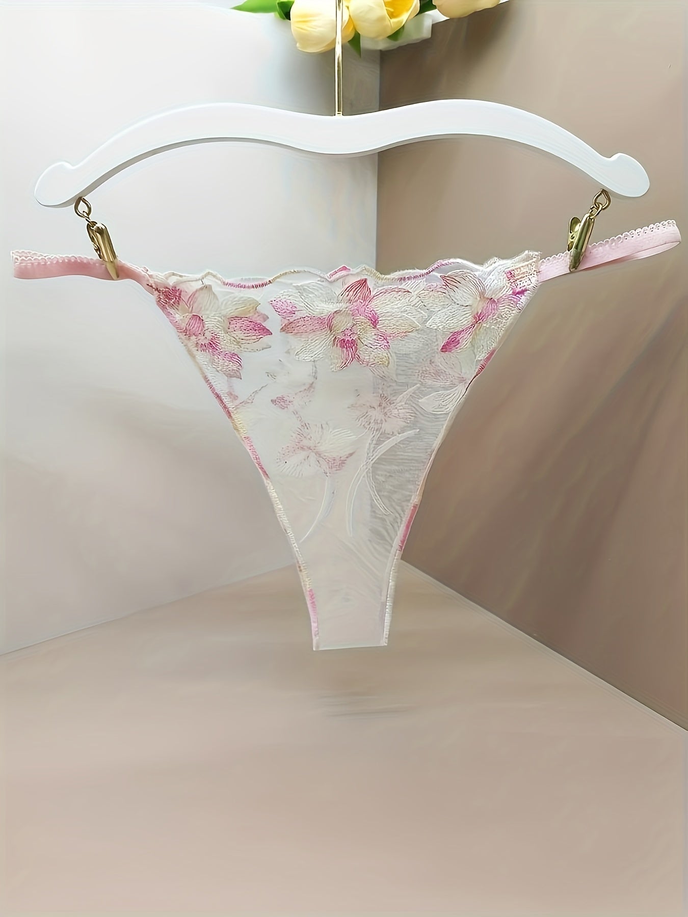Women's Sheer Mesh Thong Panties with Embroidered Floral Design and Open Crotch