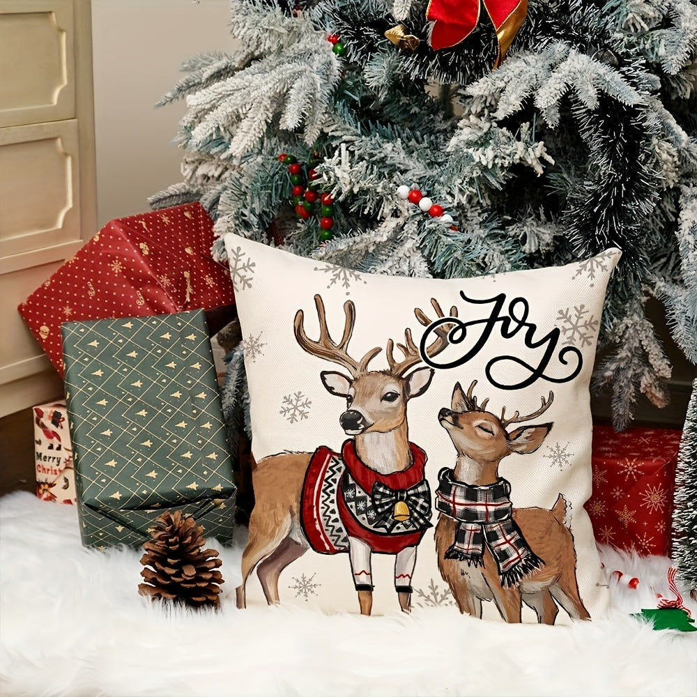 Linen Throw Pillow Cover Reindeer Snowflake Festive Woven Fabric Machine Washable