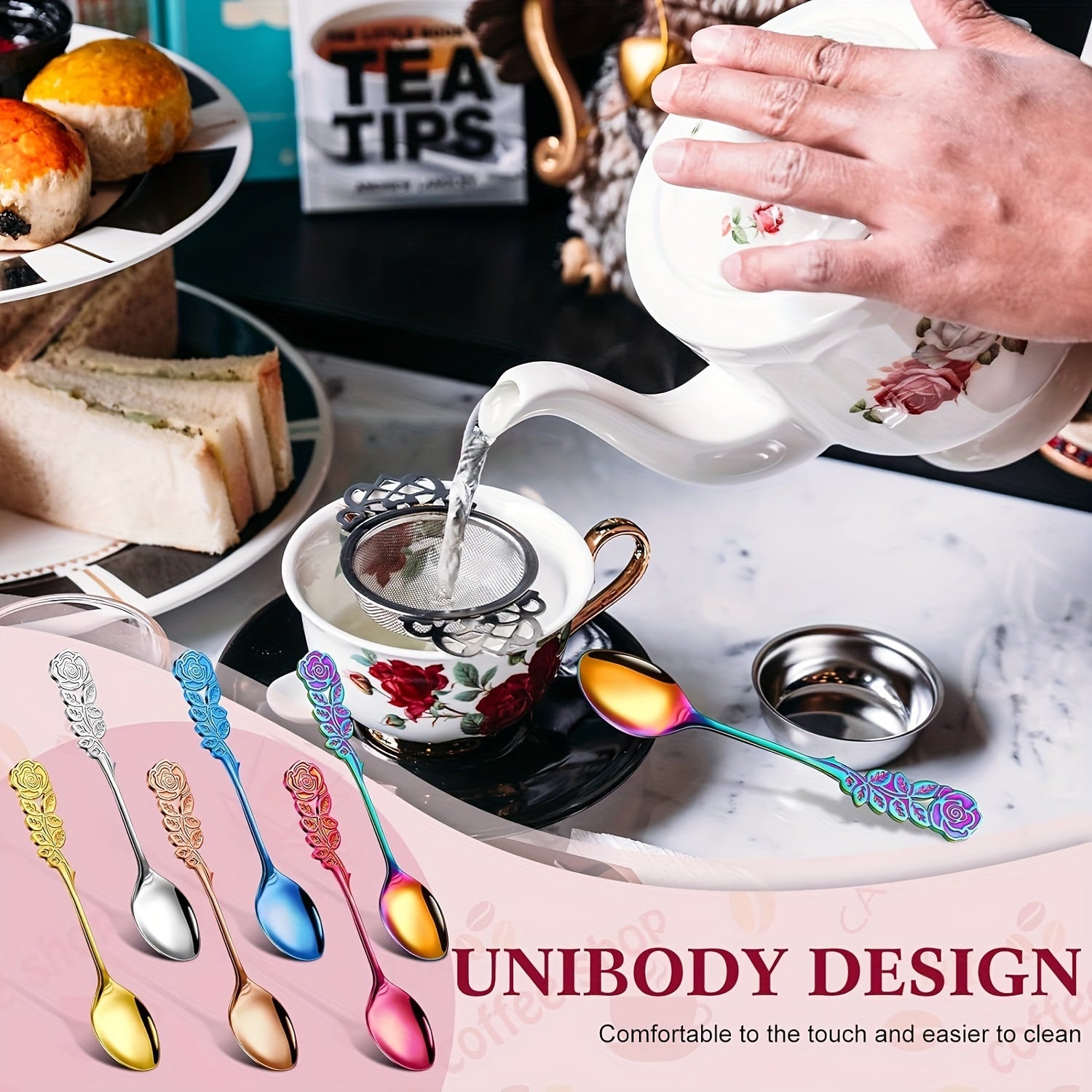 Set of 6 Rose-Shaped Stainless Steel Coffee Spoons for Kitchen and Dessert