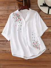 Floral Embroidered Women's V-Neck Blouse Short Sleeve Rayon Polyamide Spring Summer