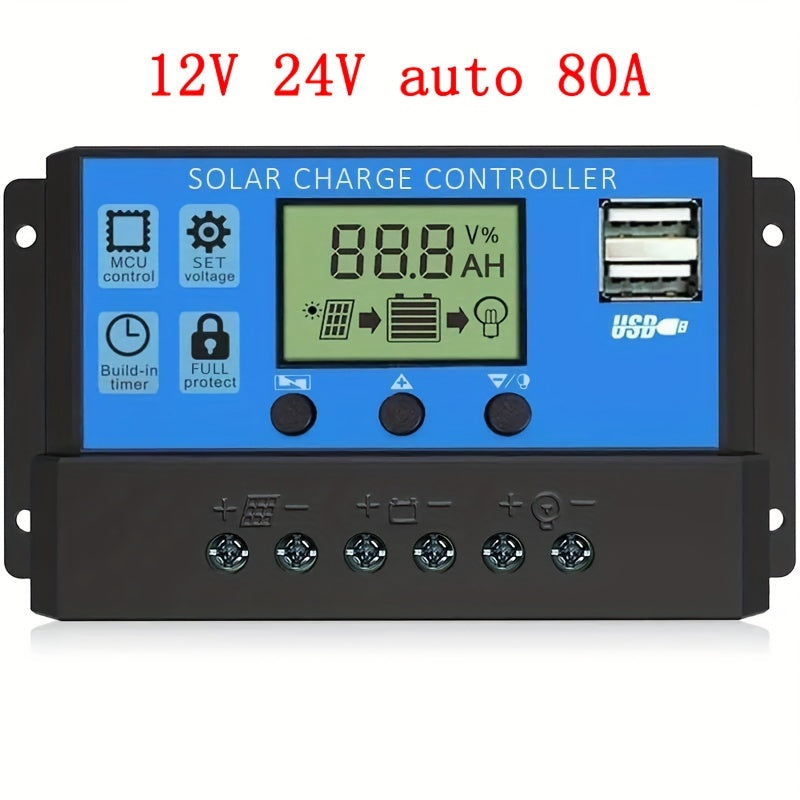 Controlador de carga solar de alta potencia con pantalla LCD, puertos USB y temporizador automático para sistemas de 12V y 24V