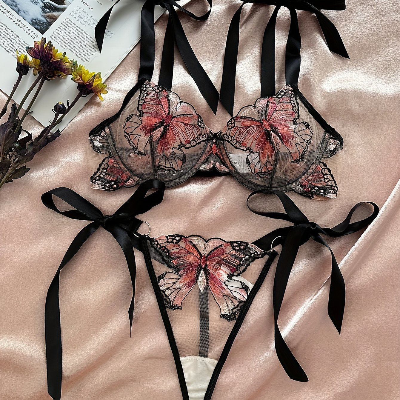 Women's Mesh Lingerie Set with Embroidered Butterfly Design Bra and Thong