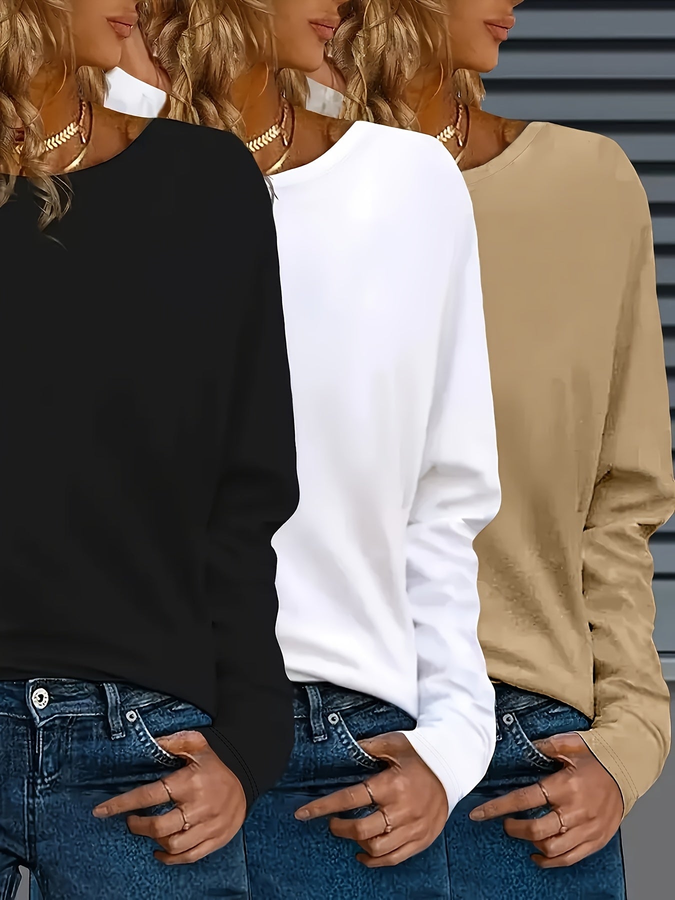 Женские повседневные блузки с длинным рукавом и круглым вырезом, упаковка из 3 штук, черные, белые, розовые, удобные однотонные блузки