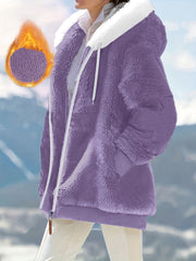 Loose Plush Hooded Jacket for Women Fall Winter Micro Elastic Polyester Solid