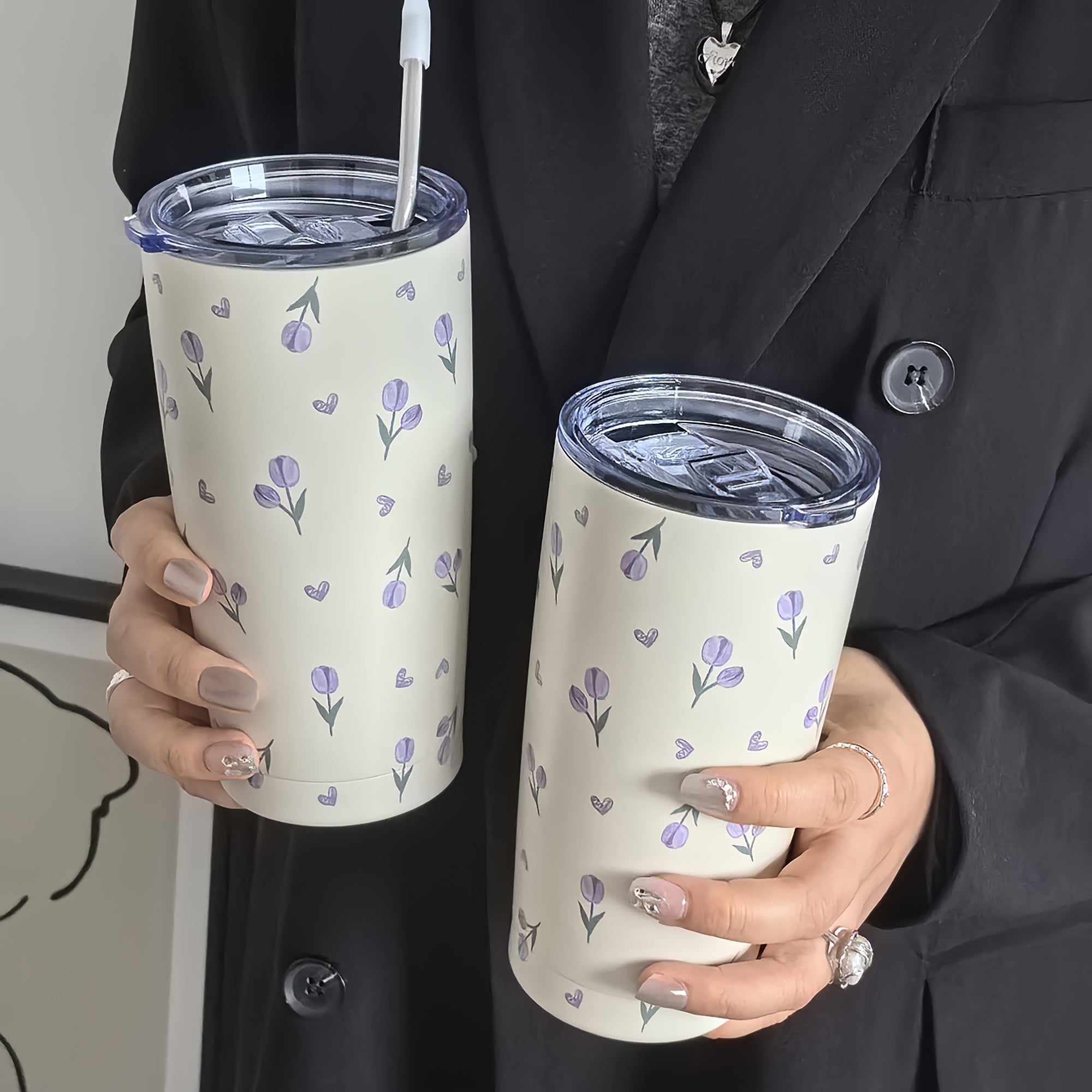 Purple Love Tulip Tumbler 16oz Double Walled Stainless Steel Water Bottle Travel Drinkware