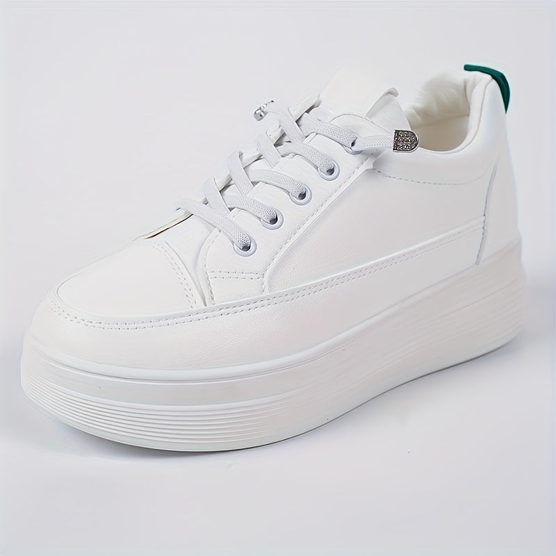 Women's White Sneakers with Inner Height Increase Casual Low-Top Lace-Up Shoes