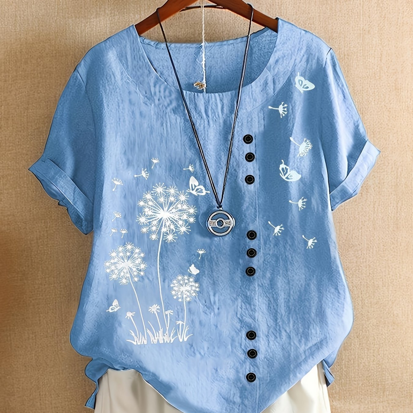 Plus Size Dandelion Print Short Sleeve T-Shirt Women Casual Crew Neck Summer