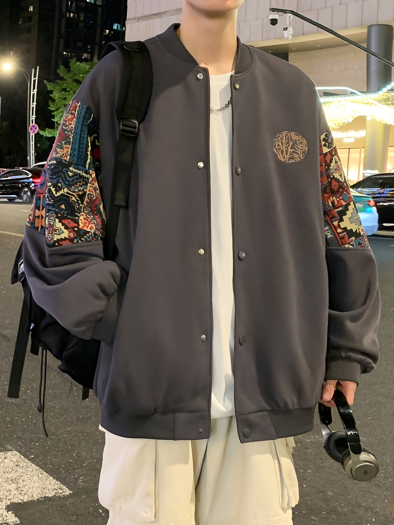 Men's Cotton Blend Embroidered Bomber Jacket with Floral Pattern for Casual Wear