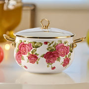 Stockpot with Gold Handle and Rose Flower Enamel Design, Includes Glass Lid, Multiple Sizes