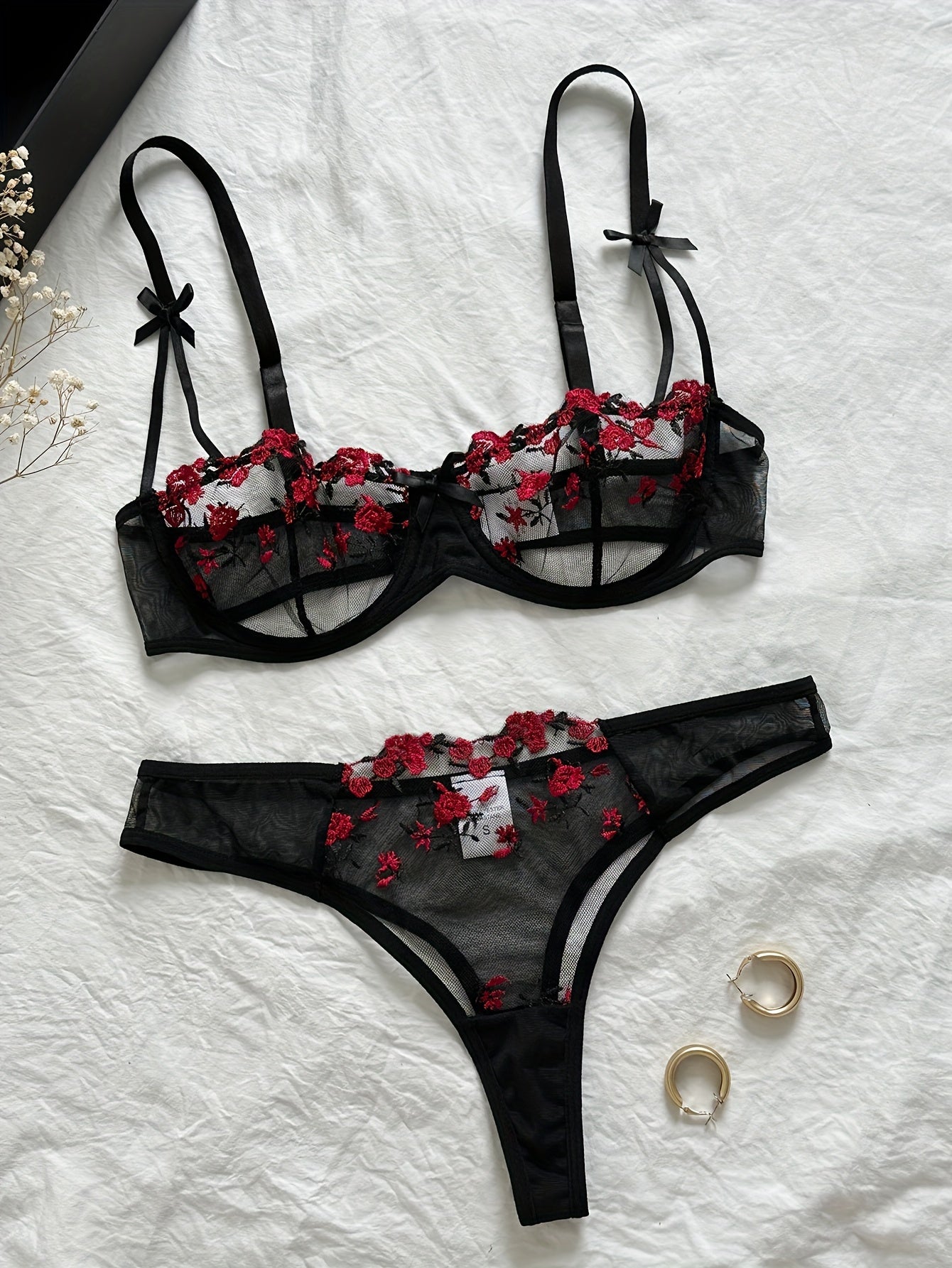 Women's Floral Embroidered Lingerie Set with Mesh Bra and Panty