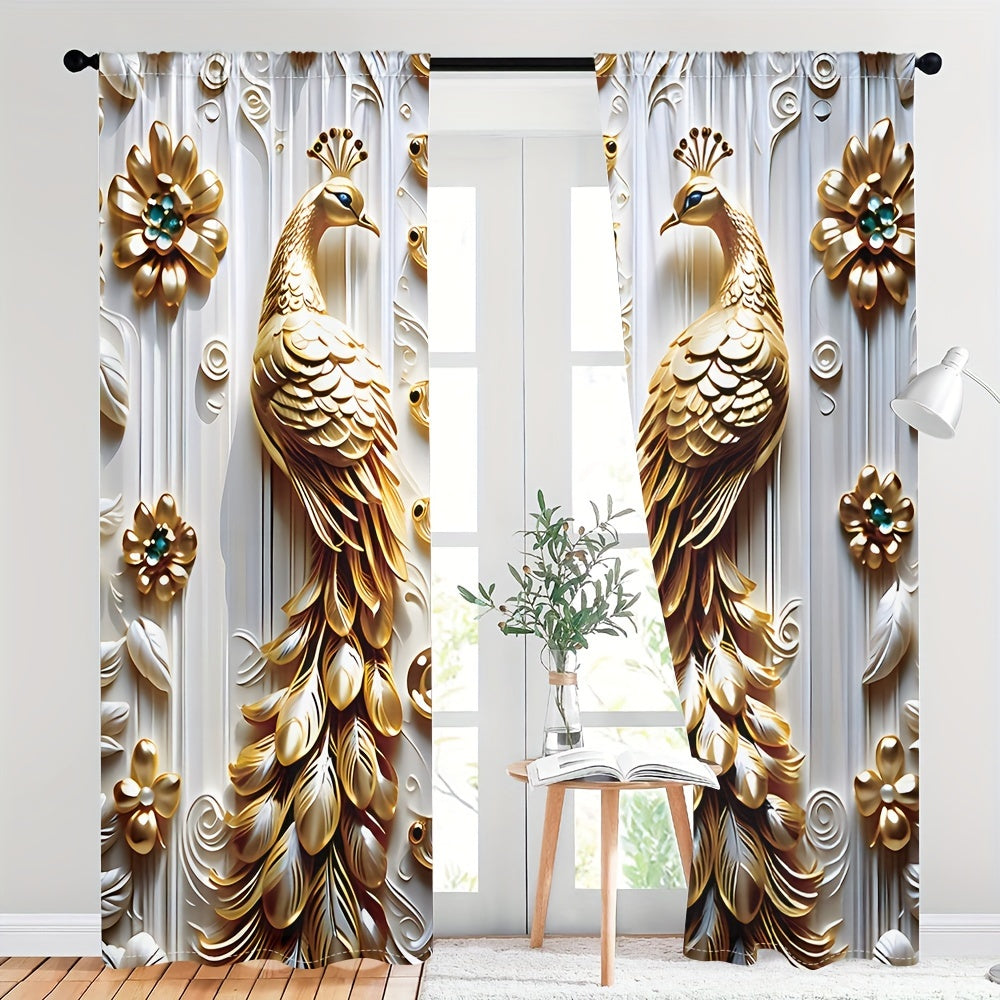 Golden Peacock Floral Print Semi-Sheer Polyester Curtains Rod Pocket for Living Room Bedroom Kitchen