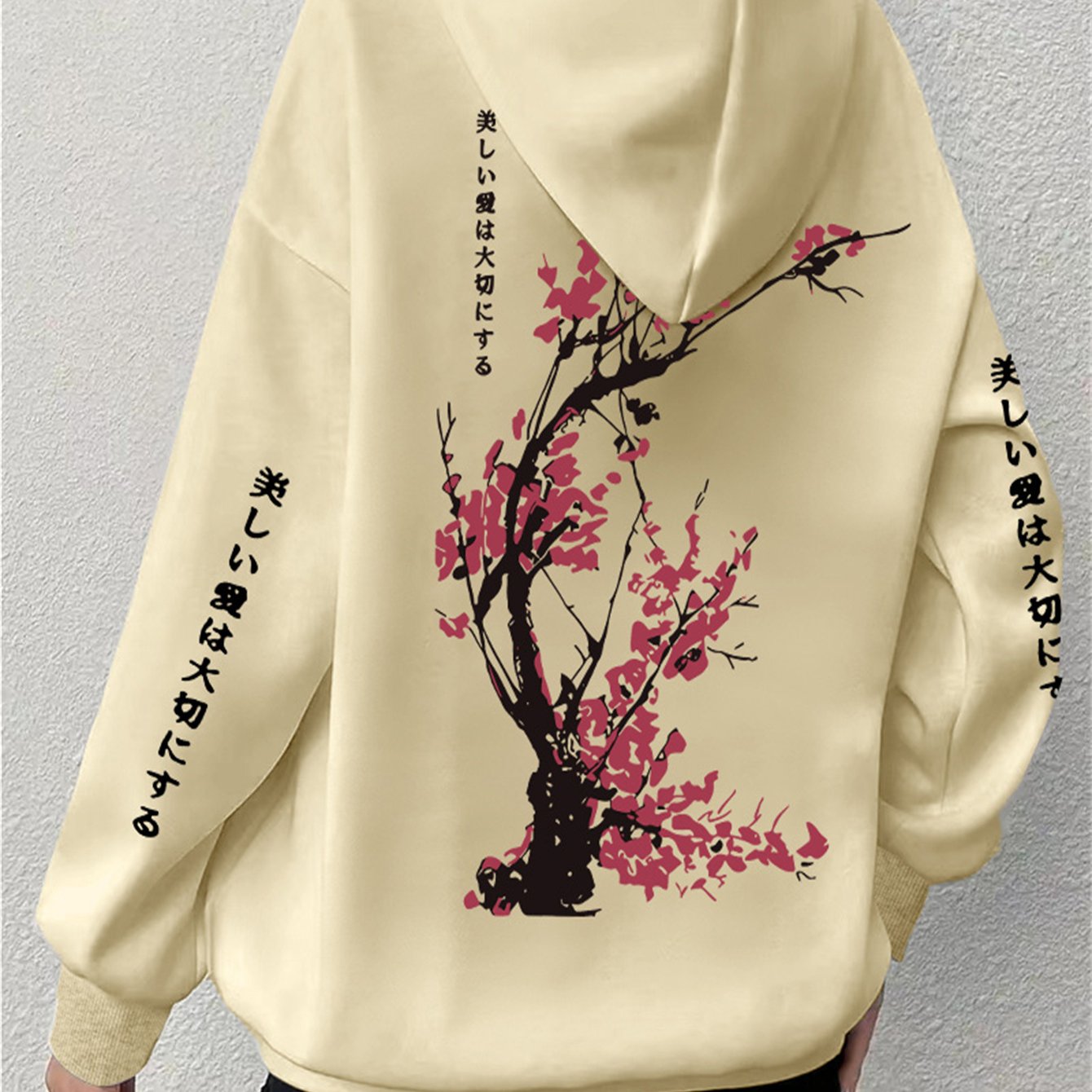 Women's Plus Size Floral Cherry Blossom Print Hoodie Long Sleeve Pockets Pullover