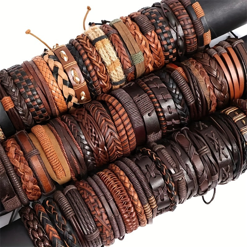 Set of 10 20 or 30 Faux Leather Bracelets for Men Women Adjustable Black Brown Gift