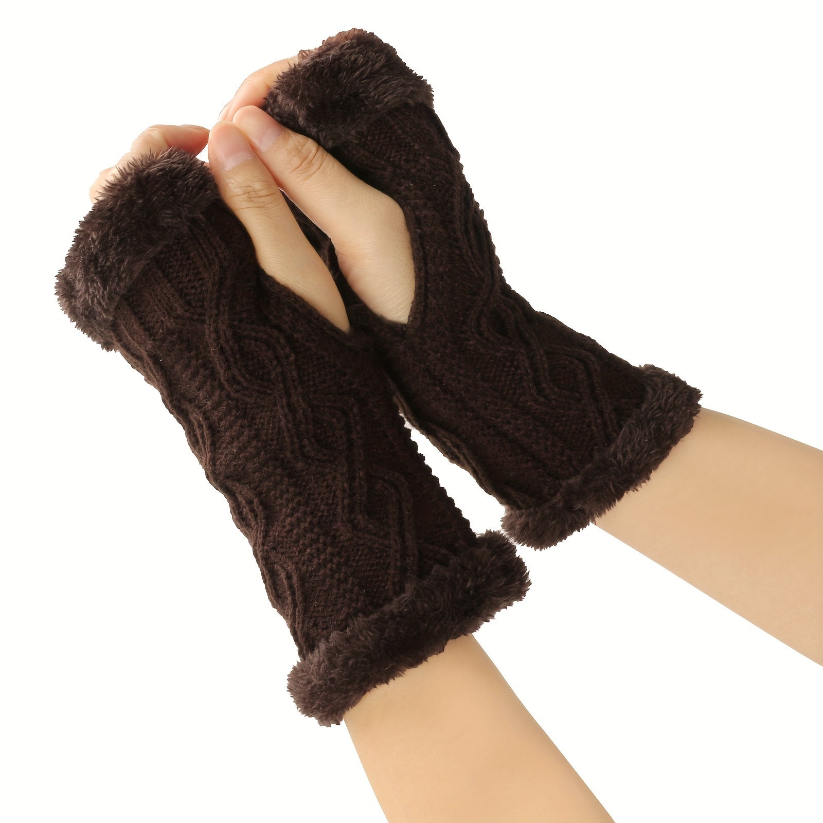 Solid Color Twist Knit Fingerless Gloves with Velvet Lining for Winter Warmth