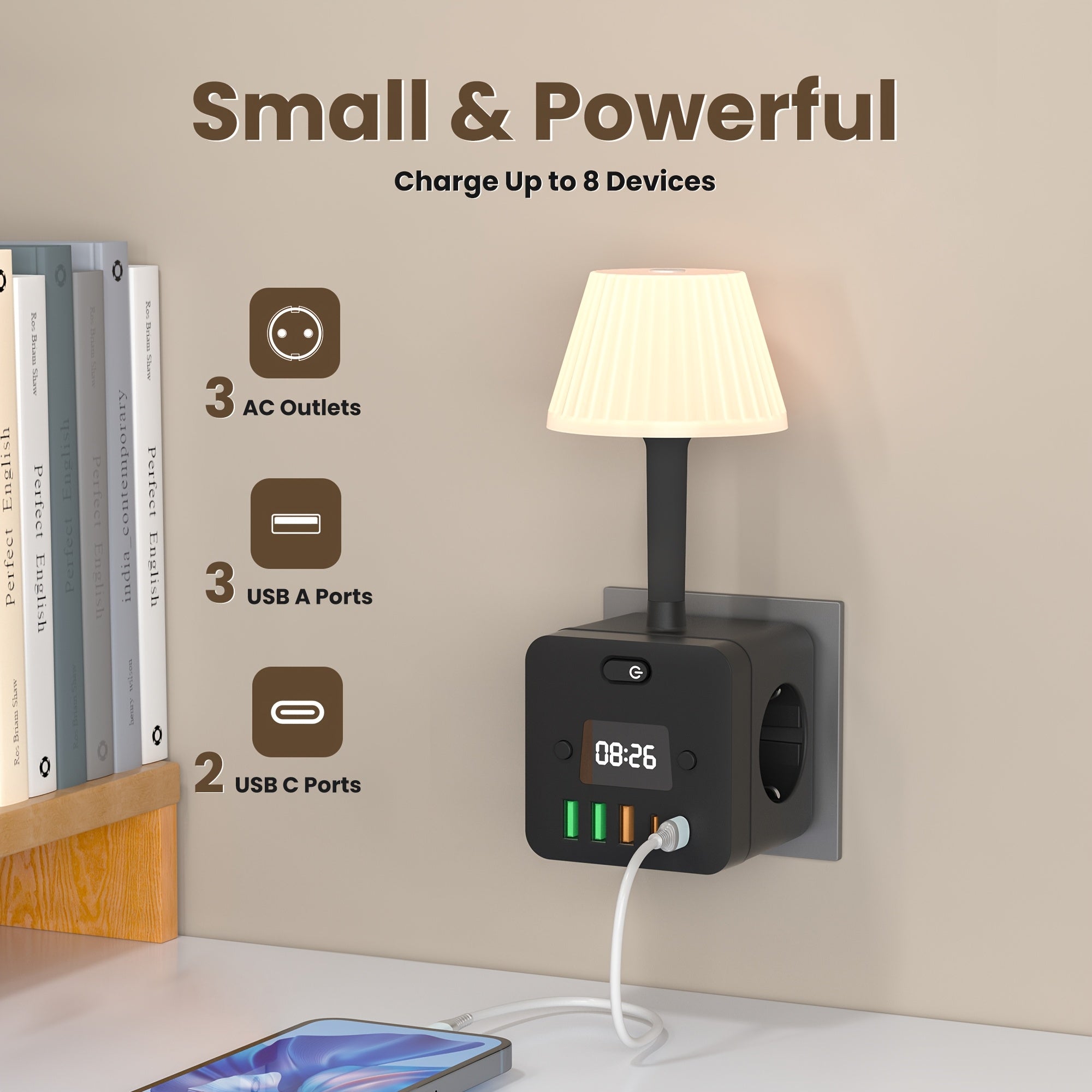 Smart Wall Outlet Power Strip with Desk Lamp 4-Sided Surge Protection USB-C AC