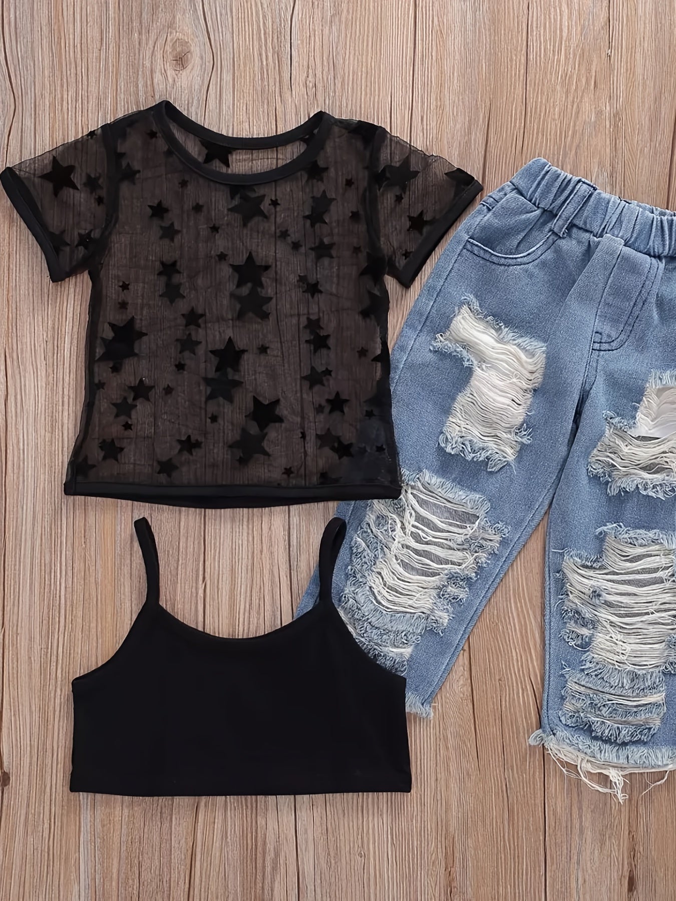 Girls Summer Set with Cropped Cami Top Mesh Star Print T-Shirt Ripped Denim Jeans