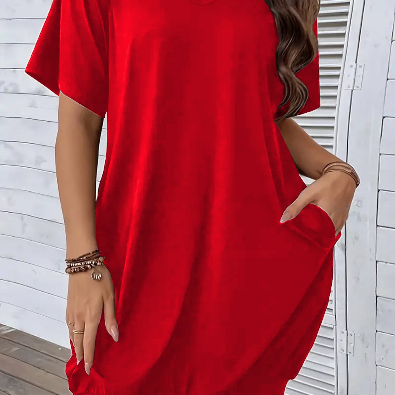 Plus Size Women's V-Neck T-Shirt Dress with Pockets Short Sleeve Casual Spring Summer Fall