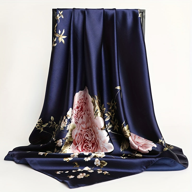 Women's Satin Flower Print Square Scarf 89.99cm Sun Protection Windproof Shawl
