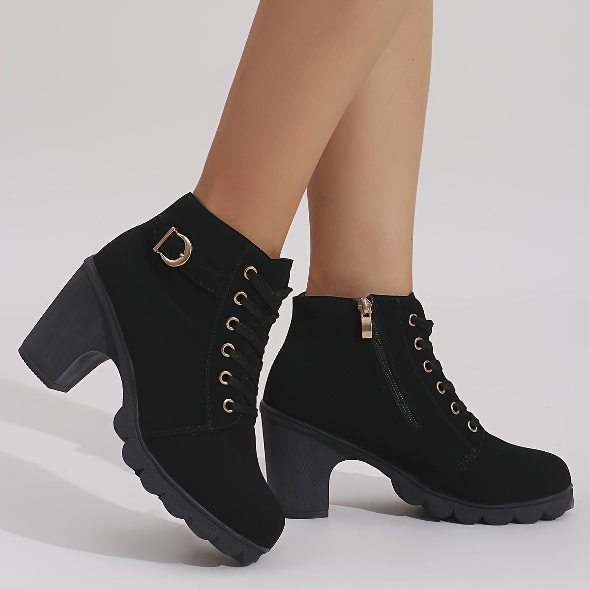 Women Ankle Boots Winter Thick Sole Side Zipper Lace-Up Casual Black Synthetic