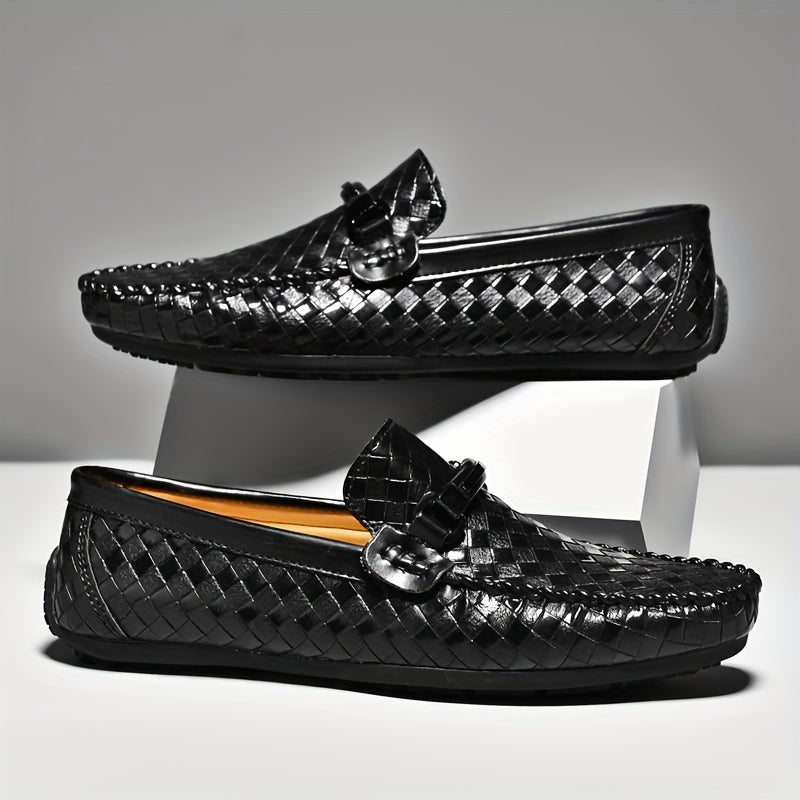Men's Black Slip-On Loafers Breathable Diamond Pattern Casual Summer Lightweight Rubber Sole