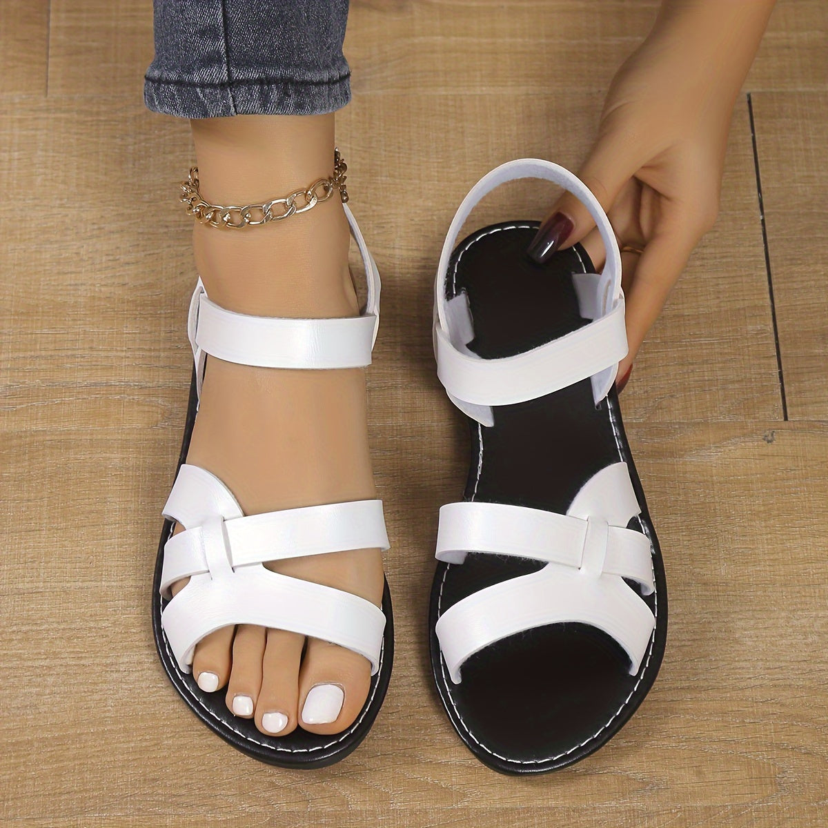 Women's White Flat Sandals Open-Toe Non-Slip Casual Footwear